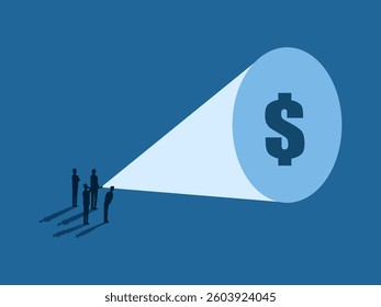 Business team shines flashlight looking for money