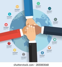 Business team showing unity with their hands together, With international global business and flat icons, Infographic layout, diagram, step up options, Vector illustration modern design template