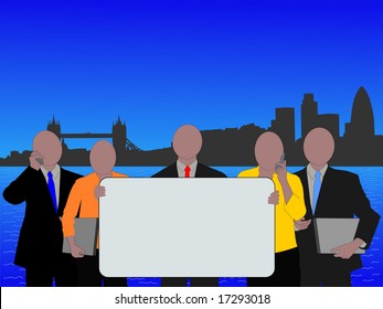 business team with sign and London skyscrapers illustration