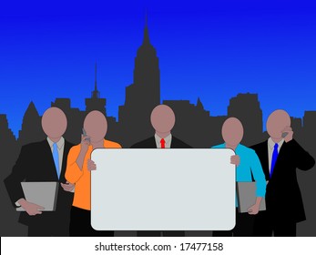 business team with sign and Midtown manhattan skyline