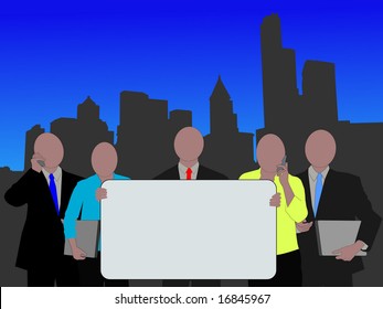 business team with sign and Seattle skyline illustration