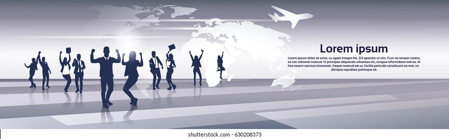 Business Team Silhouette Businesspeople Group Cheerful Happy Raised Hands over World Map Trip Flight Concept Vector Illustration