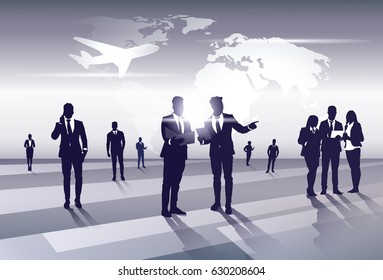 Business Team Silhouette Businesspeople Group Human Resources over World Map Trip Flight Concept Vector Illustration