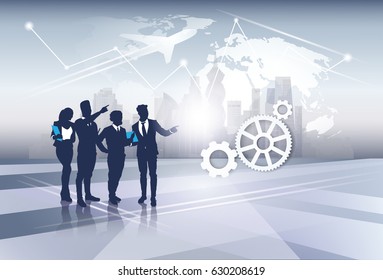 Business Team Silhouette Businesspeople Group Human Resources over World Map Trip Flight Concept Vector Illustration