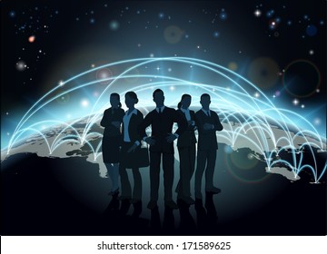 Business team in silhouette with globe in the background with network or flight paths