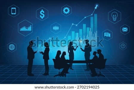 Business team silhouettes collaborating with analytics charts, digital icons, and technology interface representing data analysis, growth, and modern business strategy.