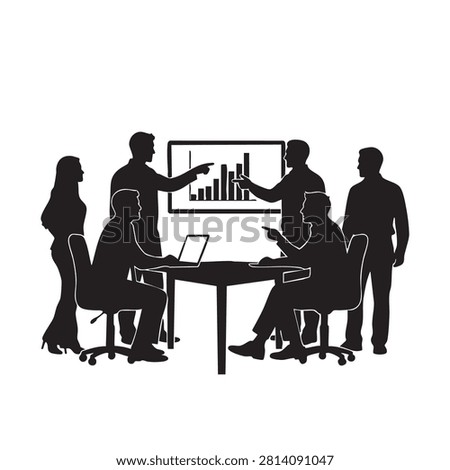 Business team silhouettes engaged in professional office meeting presenting financial growth data on whiteboard. Corporate coworkers discussing project strategy analytics and group performance metrics. Professional teamwork conceptual illustration of consulting collaboration communication and workplace efficiency.