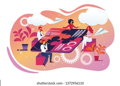 Business Team Sitting around Table in Shape of Puzzle. Business People Teamwork, Brainstorming. Creative Project, Communication Male and Female Characters. Cartoon Flat Vector Illustration, Icon.
