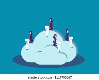 Business team sitting on cloud and working. Vector illustration office worker business concept, Marketing online, Data technology.