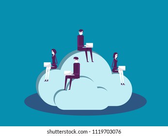 Business team sitting on cloud and working. Vector illustration office worker business concept, Marketing online, Data technology.