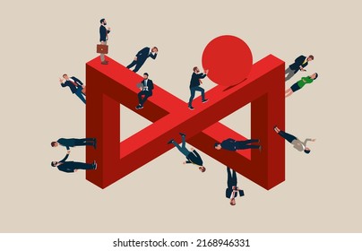 Business team solution with businessman walking on impossible shape. Symbol of challenge, success, cooperation. Logo design element, isometric drawing, Impossible shape, 3D illustration.