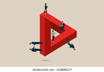 Business team solution with businessmen walking on impossible shape. Symbol of challenge, success, cooperation. Vector illustration concept.