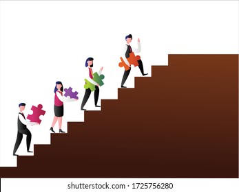 Business team with solution flat design vector concept: four entrepreneurs with pieces of puzzle climbing stairs