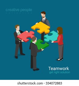 Business Team Solution In Partnership Concept Flat 3d Web Isometric Infographic Vector. Four Businessmen Pushing Pieces Of Puzzle. Creative People Collection.