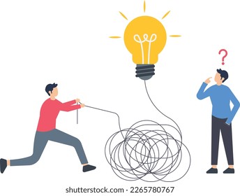 Business team solve complex problem, Team Simplify complex business idea, people solve business problems, solution of complex project, man untangle messy line of business idea lightbulb or simplify pr