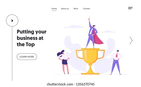 Business Team Spirit Creative Success, Career Cooperation Concept with Happy Proud Businesspeople Characters with Gold Cup Prize Award for Landing Page, Website, Web Page. Flat Vector Illustration