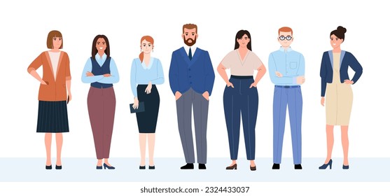 Business team, staff. Office workers in office clothes stand in a row. Friendly business team