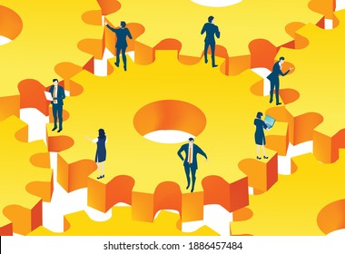 Business team stand on big golden gear and make it moves. Success in Business, progress and creative approach to solve problems. 