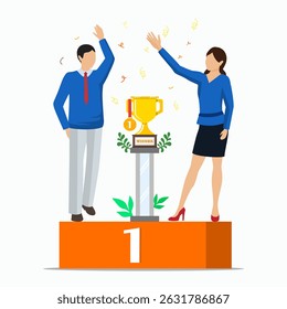 Business team standing on pedestal with trophy. Successful team, best employees or winners in competition. Employees celebrating of success or achievement in the workplace. 