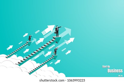 Business team standing on staircase to success. Concept business illustration vector flat