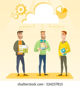 Business team standing under cloud. Caucasian business team using cloud computing technologies. Concept of cloud computing, teamwork and brainstorming. Vector flat design illustration. Square layout.