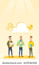 Business team standing under cloud. Caucasian business team using cloud computing technologies. Concept of cloud computing, teamwork and brainstorming. Vector flat design illustration. Vertical layout
