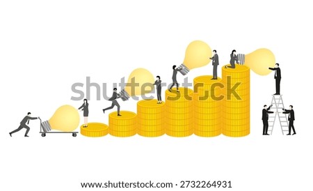 Business team stealing creative ideas to build gold coin stacks for corporate espionage and corruption concept.