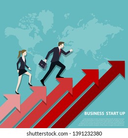 A Business team steps up stairs to successful point, Steps to starting a business success, Businessman and woman walking up on red arrow, Arrow stairs, Concept start up business, Vector illustration 