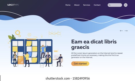 Business team sticking notes in planning board. Kanban board, management, project flat vector illustration. Business and teamwork concept for banner, website design or landing web page