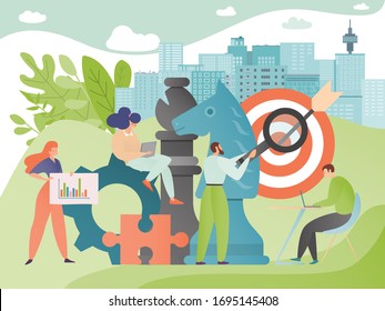 Business team strategy vector illustration. Teamwork strategic decisions. Businessmen cooperation. People partnership. Woman holds graph, man with magnifier stand near target, arrow and chess pieces.