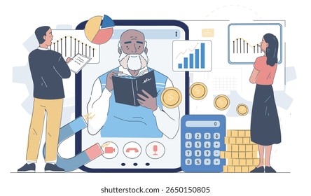 Business team studying financial charts and graphs on digital devices, flat style, with currency symbols and calculator on white background. Concept of finance. Vector illustration