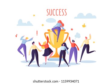 Business Team Success, Achievement Concept. Flat People Characters with Prize, Golden Cup. Office Workers Celebrating with Big Trophy. Vector illustration