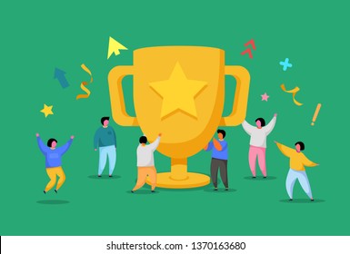 Business Team Success, Achievement Concept. Flat People Characters with Prize, Golden Cup. Office Workers Celebrating with Big Trophy. Vector illustration