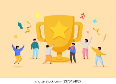Business Team Success, Achievement Concept. Flat People Characters with Prize, Golden Cup. Office Workers Celebrating with Big Trophy. Vector illustration