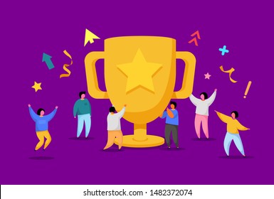 Business Team Success, Achievement Concept. Flat People Characters with Prize, Golden Cup. Office Workers Celebrating with Big Trophy. Vector illustration