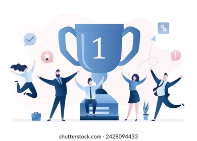 Business team success, achievement concept. Successful teamwork. Various people characters with prize. Big winner cup. Employees or office workers celebrating with huge trophy. Vector illustration