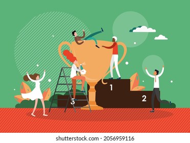 Business team success, achievements with trophy cup, winner pedestal, vector illustration. People celebrating victory.