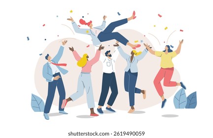 Sucesso da equipe de negócios, Empresários torcendo, comemorando o sucesso e feliz, Celebração da vitória, Grupo de homens e mulheres amigos jogando mulher no ar. Ilustração de design de vetor plano.
