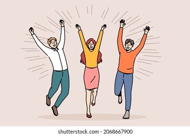 Business Team Success Celebrating Concept. Group Of Young Happy Smiling People Business Partners Jumping With Raised Hands Feeling Excited Vector Illustration 