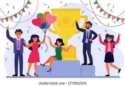 Business team success concept. Group of happy employees celebrating victor. Business people getting reward cup, winning prize, enjoying party. Vector illustration for winners, trophy, champions topics