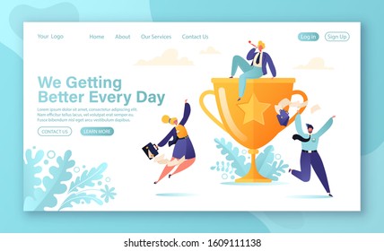 Business team success concept for landing page with flat cartoon vector characters and golden prize. Teamwork achievement, victory celebration, career growth. Business men and women jump and dance.