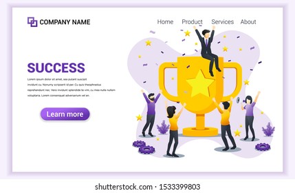 Business Team Success concept. People celebrating success with giant golden Trophy. achievement, partnership, leadership. Can used for web banner, infographics, landing page. Flat vector illustration