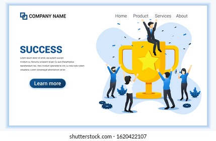 Business Team Success concept. People celebrating success with giant golden Trophy. achievement, partnership, leadership. Can used for web banner, infographics, landing page. Flat vector illustration