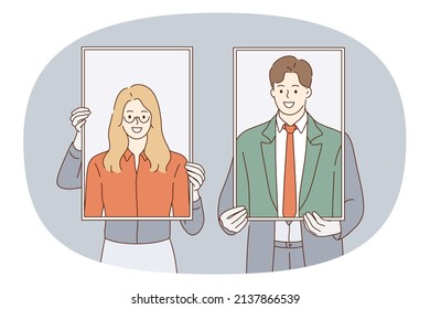 Business team and success concept. Business people woman and man partners standing together and holding smiling portraits over faces vector illustration 