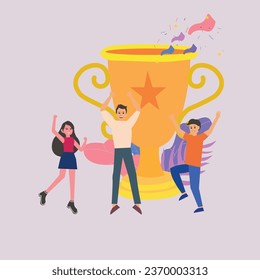 Business Team Success Concept People Celebrating Success With Giant Golden Trophy Achievement , Business competition win vector