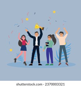 Business Team Success Concept People Celebrating Success With Giant Golden Trophy Achievement , Business competition win vector