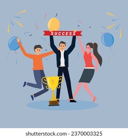 Business Team Success Concept People Celebrating Success With Giant Golden Trophy Achievement , Business competition win vector