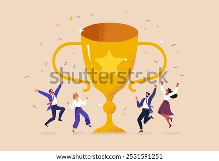 Business Team Success concept. Vector illustration in a flat style of a group of people jumping for joy in front of a large golden cup. Isolated on background.
