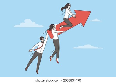 Business team, success, development concept. Group of smiling business people cartoon characters coworkers team riding on arrow up Vector illustration