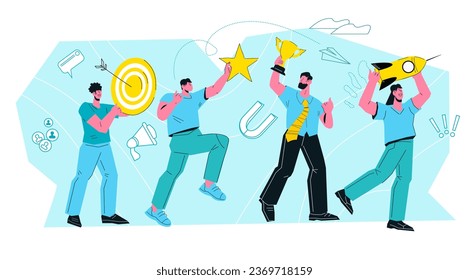 Business team success and efficiency, teamwork good results concept for web banner. Business people celebrating their success on market and company development, vector illustration isolated on white.